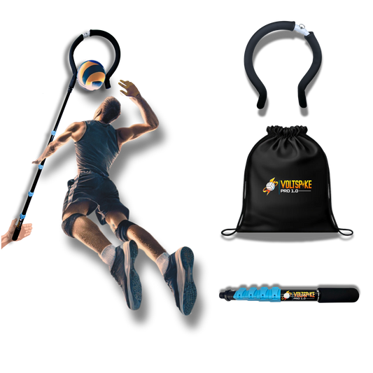 Volleyball spike trainer, carry bag included, all components overview.